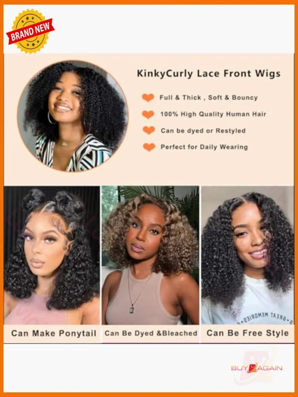 250% Density Kinky Curly Human Hair Lace Front Wig 13x6
